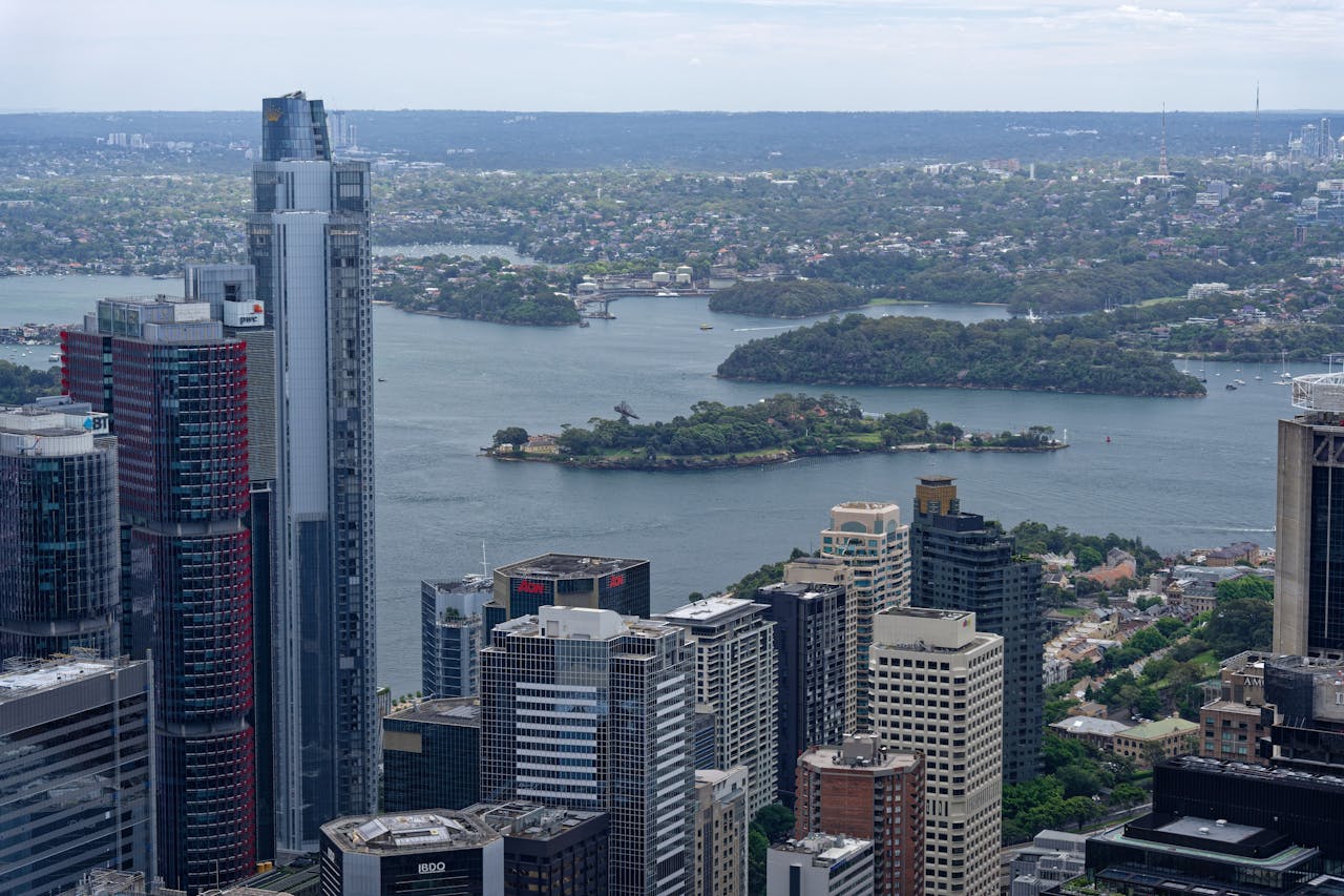 Global Economic Outlook: Q1 2026 A panoramic aerial view of Sydney's skyscrapers with Sydney Harbour and its islands in the background.